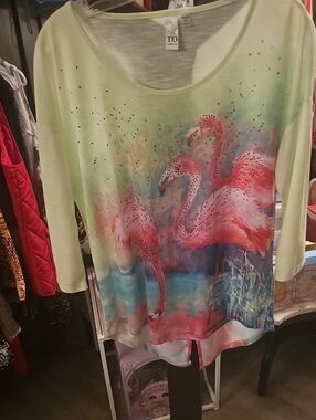 t/o Light Green Flamingo Print Long Sleeve Tee